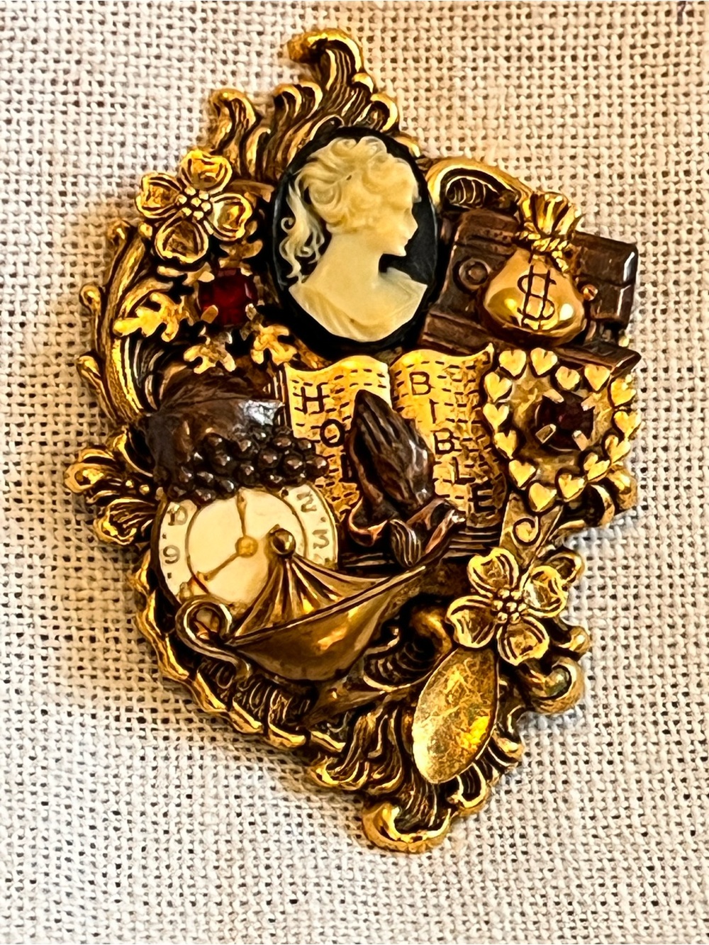 Vintage Scripture Wear Cameo Gold-Tone Figural Brooch with Cameo and Clock Motif